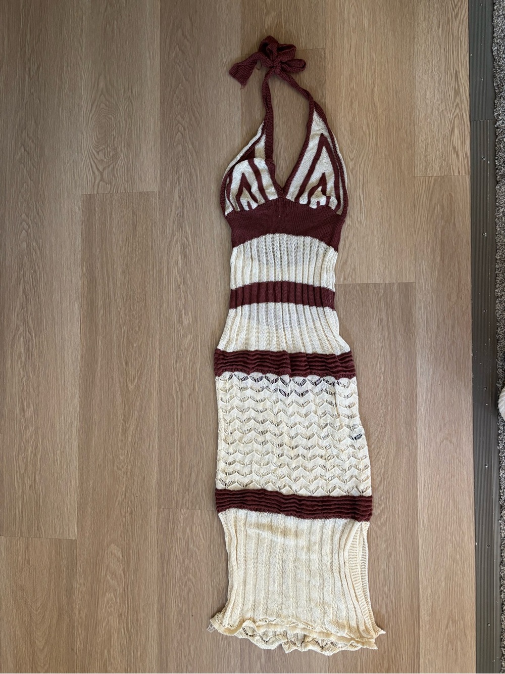 SHEIN Cream and Burgundy Halter Knit Midi swim cover dress